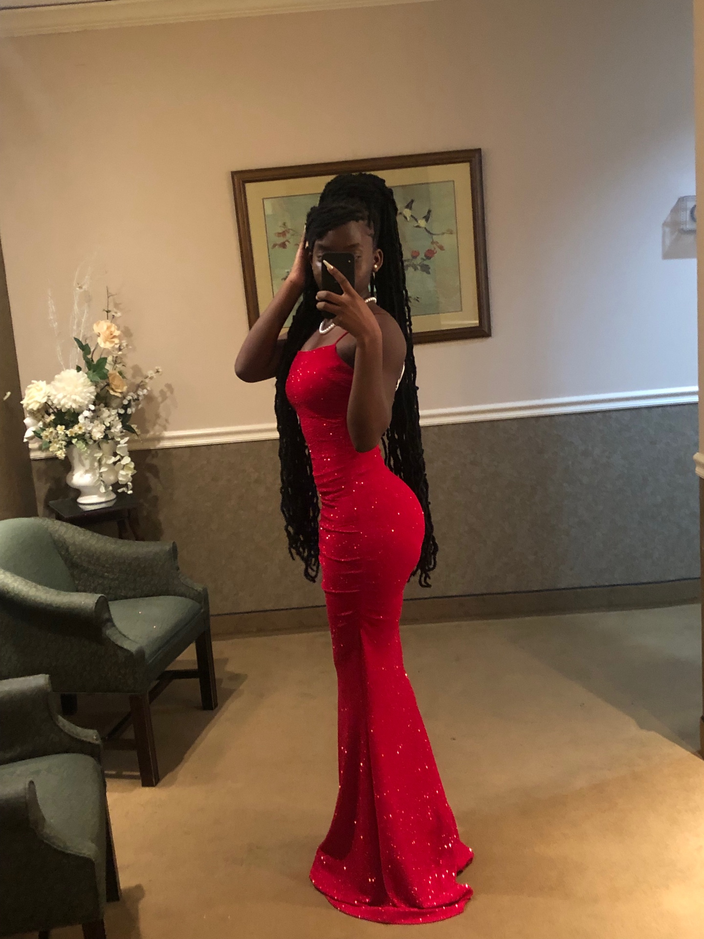 Marie in a red gown